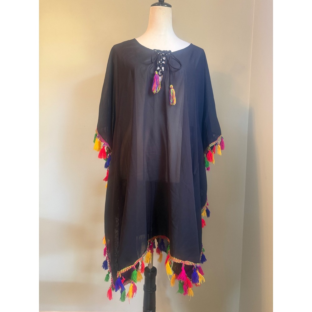 Beaches & Boho Black Sheer Tassel Kaftan Beach Swim Cover Up SM colorful resort